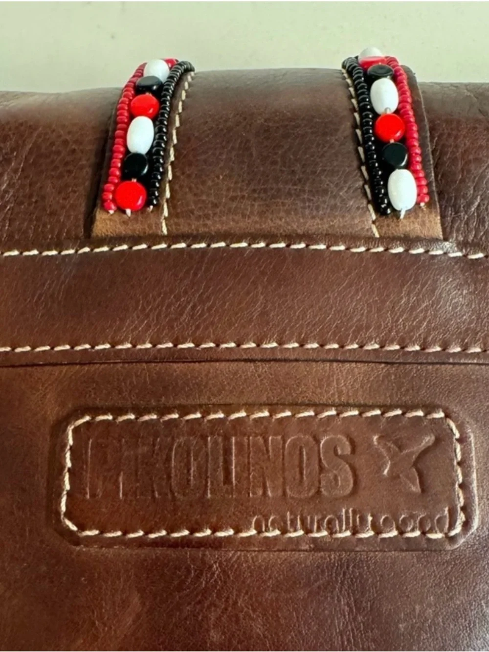 Pikolinos Boho Beaded Brown Leather Crossbody With Red/White/Black Beading